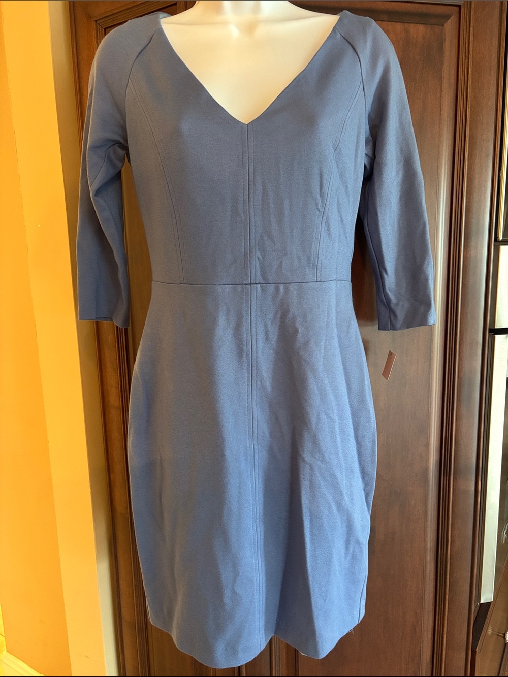 Classic V-Neck Slate Blue Sheath Dress